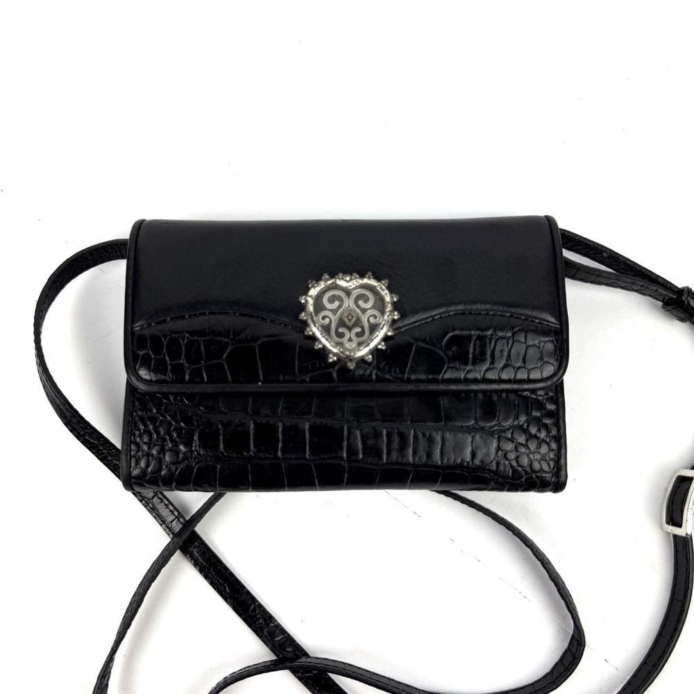 Brighton Vintage Crossbody Wallet Black Croc Leather Hearts Purse Handbag